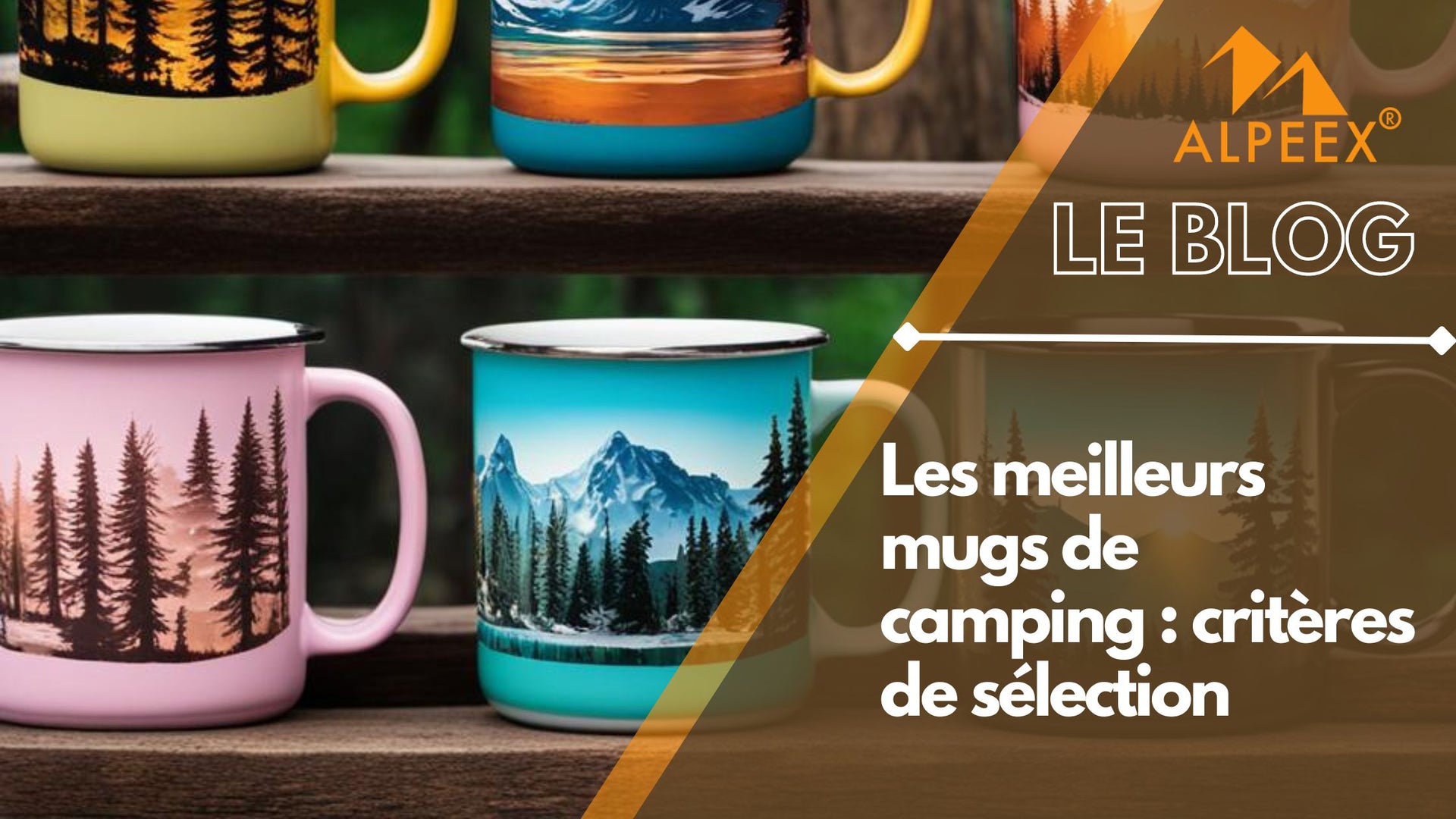 Plusieurs mugs colorés avec des dessins de montagne